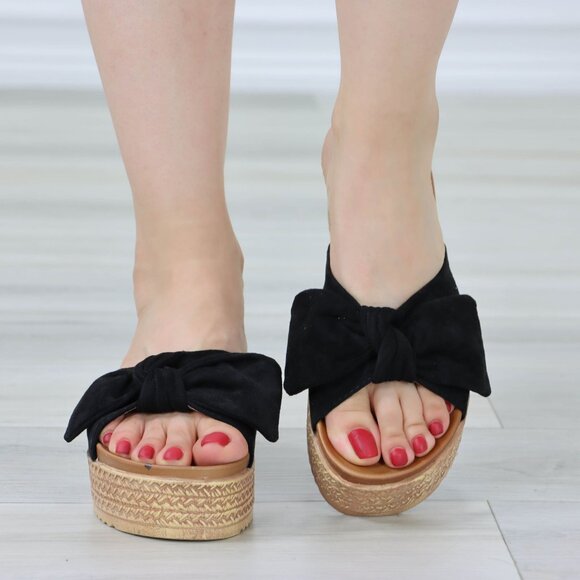 Suede Black Bow Comfort Platform Sandal Slip On Sliders - Picture 3 of 12